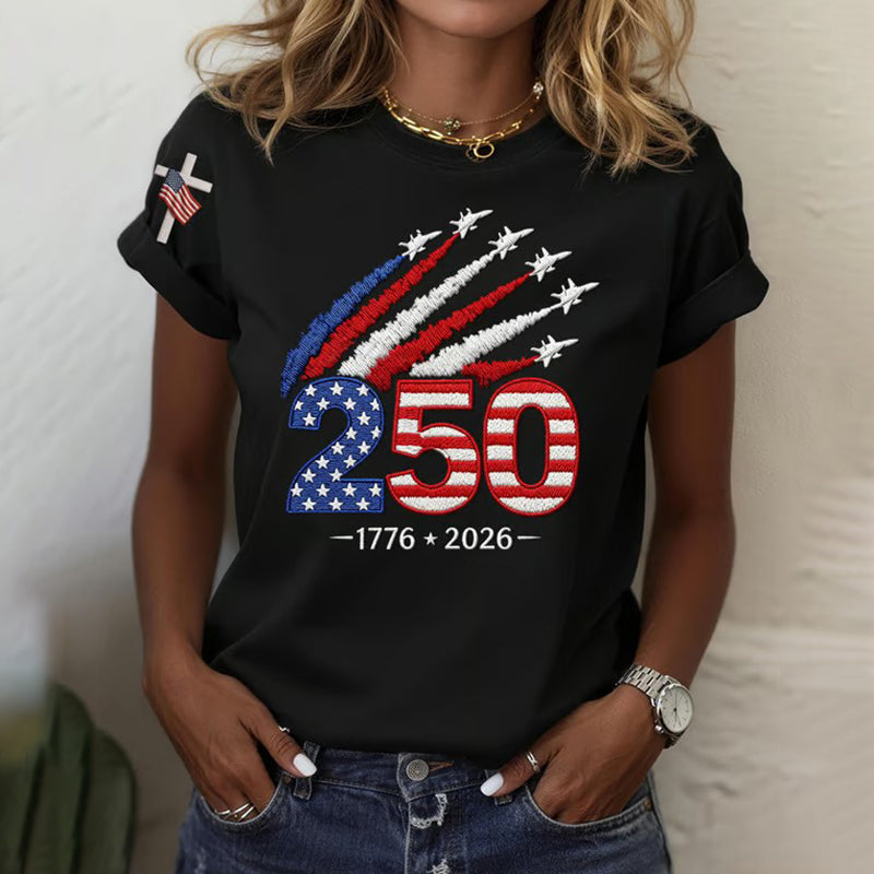 Cardydony Women's Usa 250th Anniversary Embroidered Print T-shirt