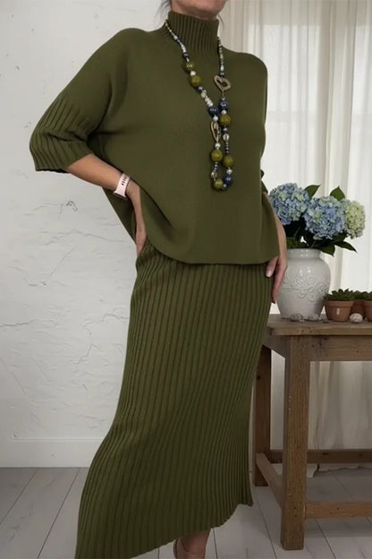 Cardydony Women's Solid Color Loose-fitting Turtleneck Knit Sweater and Stretchy Elegant Midi Skirt Set
