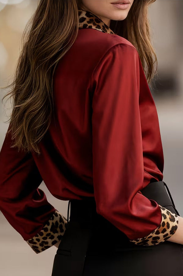 Cardydony Women's Satin Leopard Print Patchwork Casual Long-sleeved Shirt