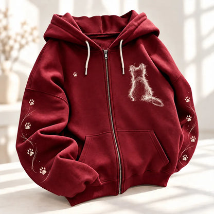 Cardydony Women's Burgundy Fuzzy Cat Silhouette And Paw Prints Zip-up Hooded Jacket
