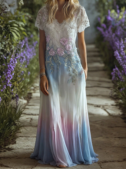 Cardydony Boho Ombre Maxi Beaded Floral Embroidery & Sequins Dress