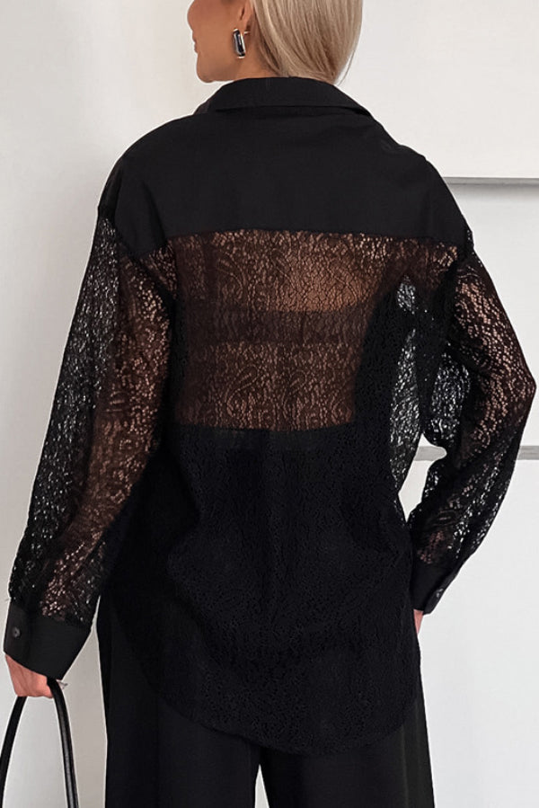 Cardydony Women's  Fashionable Openwork Lace Patchwork Long-sleeved Loose Shirt