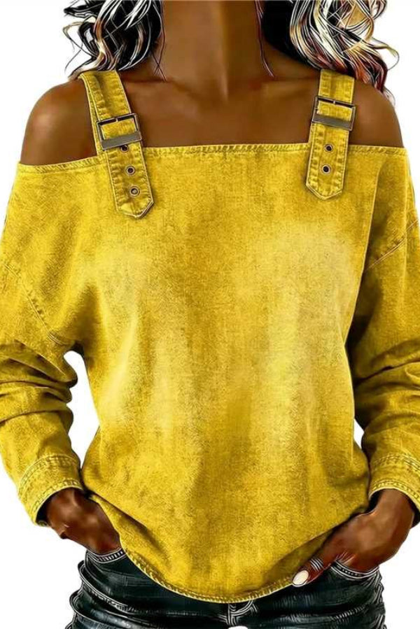 Cardydony Women's  Fashionable Faux Denim Off-shoulder Long-sleeved Loose Top