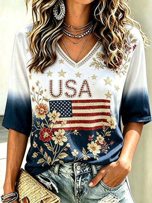 Cardydony Women's Independence Day Flag And Floral Print Three Quarter Sleeves T-shirt