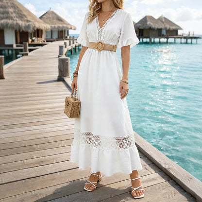 Cardydony Vintage Boho Lace Patchwork Cotton And Linen Maxi Dress