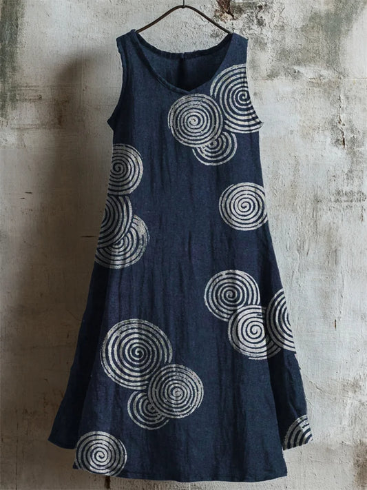 Cardydony Ripples Japanese Lino Pattern Linen Tank Dress