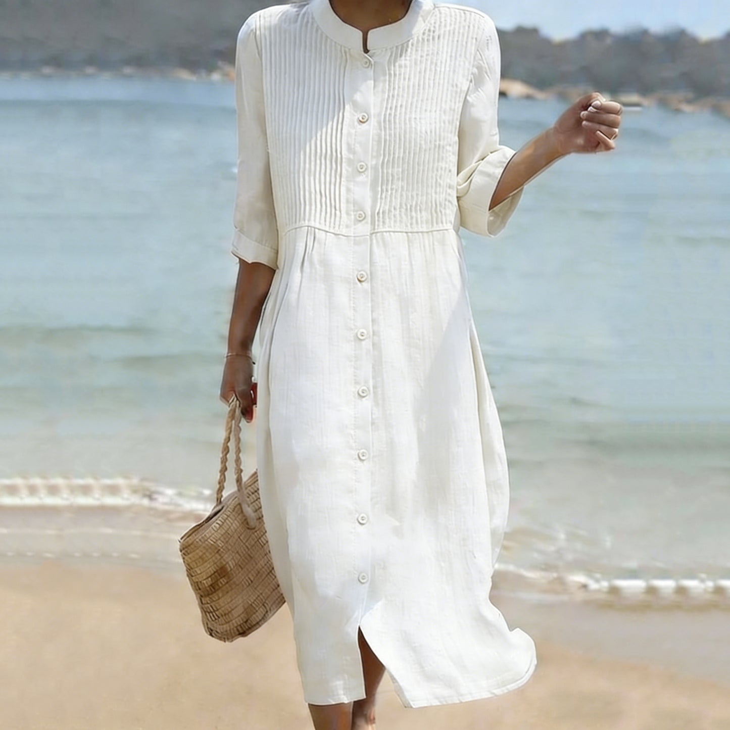 Cardydony Women's Solid Color Multi-pleated Linen Blend Dress