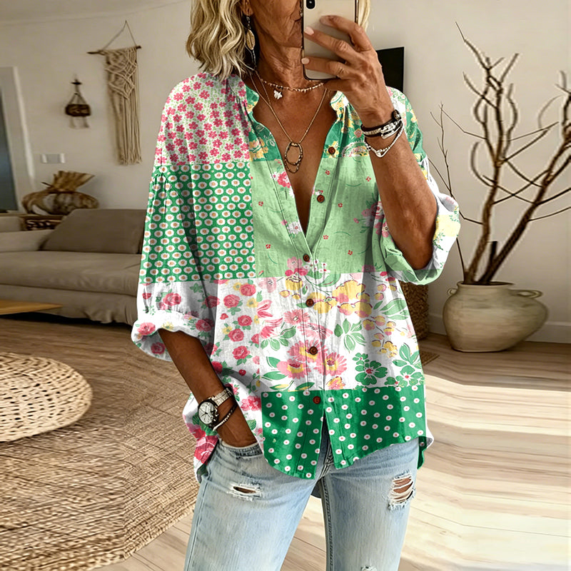 Cardydony Women's Vintage Floral Patchwork Long-sleeve Button-up Shirt