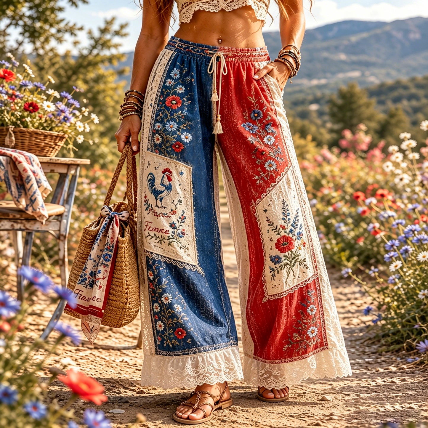 Cardydony Women's Retro Floral With Cock Embroidered Art Patchwork Wide-leg Pants