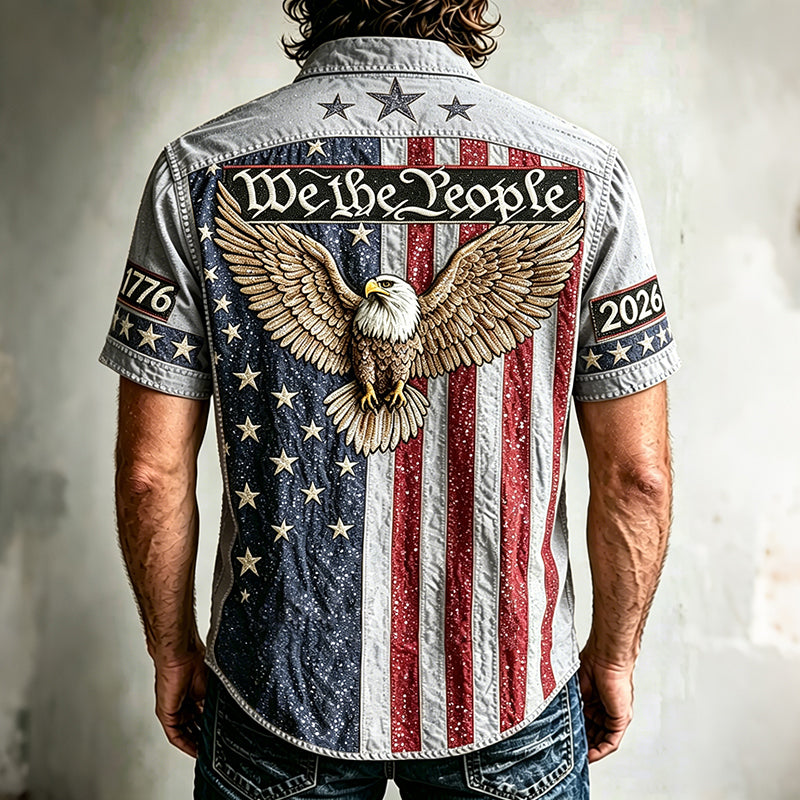 Cardydony Men's Vintage Independence Day And Eagle Print Short-sleeve Shirt