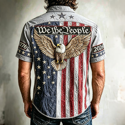 Cardydony Men's Vintage Independence Day And Eagle Print Short-sleeve Shirt