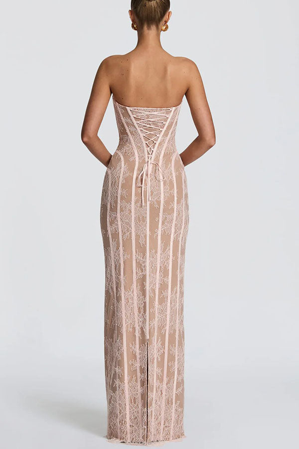 Cardydony Women's Summer Colour Sian Floral Lace Contrast Structural Detail Back Lace-up Strapless Slit Maxi Dress