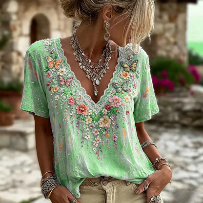 Cardydony Women's Colorful Floral And Butterfly Art Embroidered Linen Blend Lace V-neck Short Sleeve Top