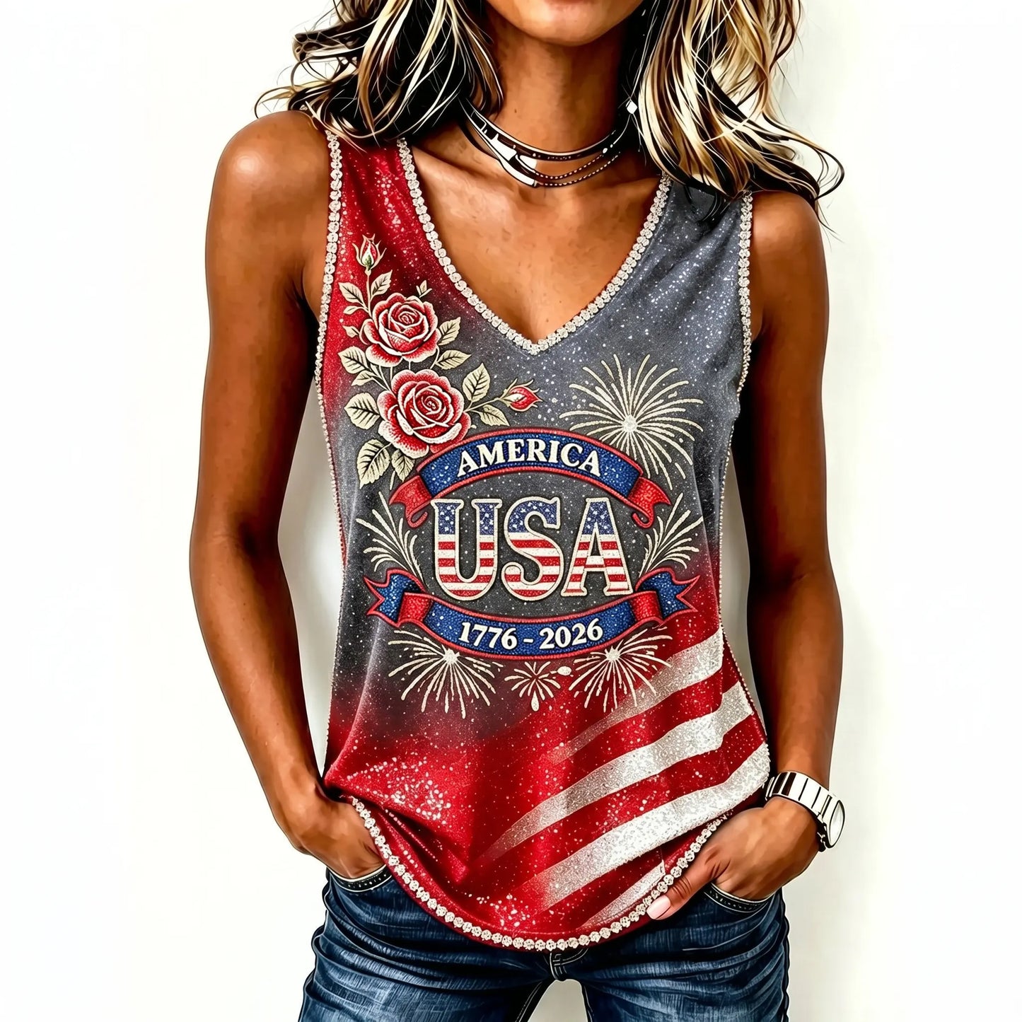 Cardydony Women's Vintage Anniversary Flag Flower Art Print V Neck Casual Tank Top