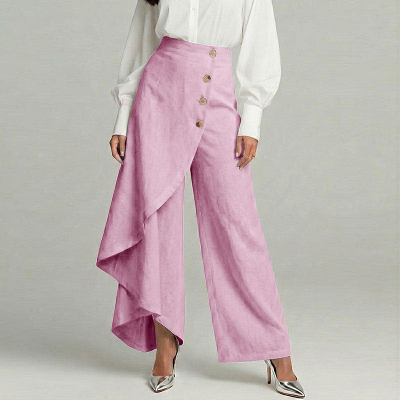 Cardydony Women's Casual Retro Irregular Ruffles Button Cotton And Linen Pants