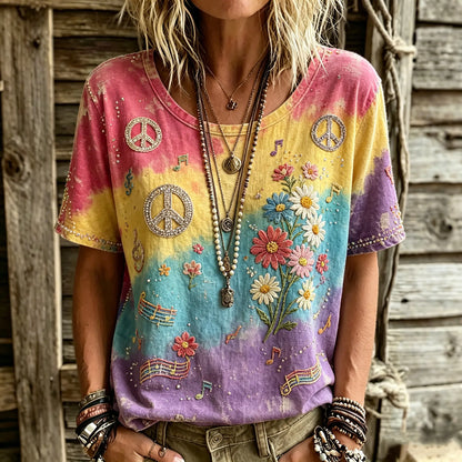 Cardydony Women's Retro Hippie Peace Logo Floral Art Embroidery Casual Cotton Linen T-shirt