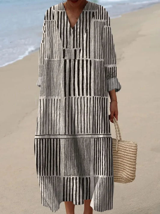 Cardydony Women's Vintage Geometric Line Art Print Cotton Dress