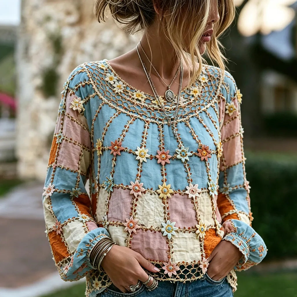 Cardydony Women's Bohemian Chrysanthemum Patchwork Comfortable Long-sleeve T-shirt