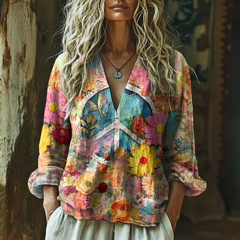 Cardydony Vintage Hippie Vibe Peace And Love Hippie Floral Painting Art Linen V Neck Long Sleeve Shirt