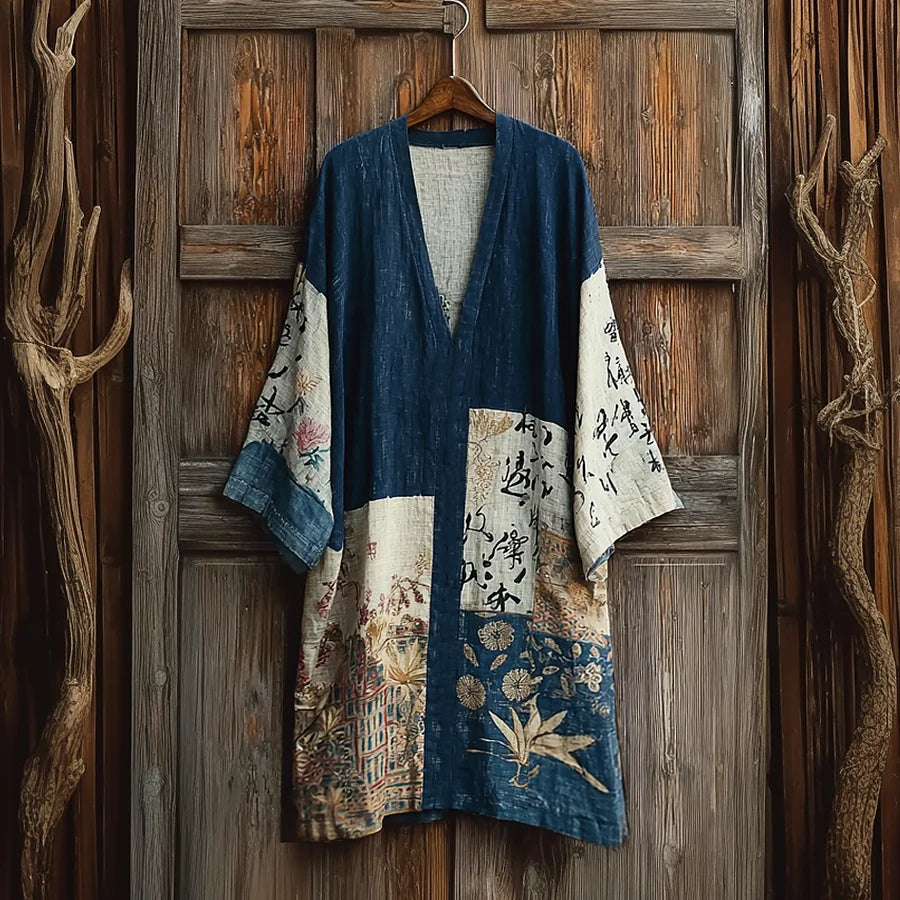 Cardydony Japanese Art Retro Printed Patchwork Design V-neck Dress