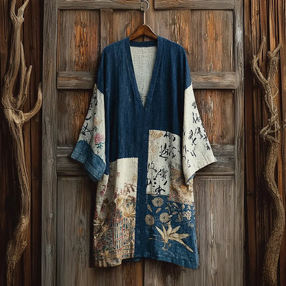 Cardydony Japanese Art Retro Printed Patchwork Design V-neck Dress