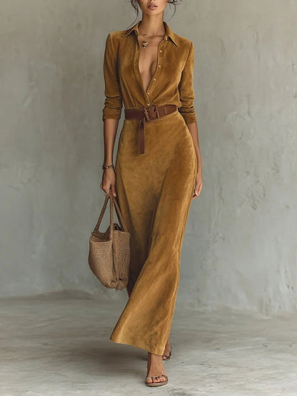 Cardydony Women's Retro Suede Waist-cinching Long Dress With Belt