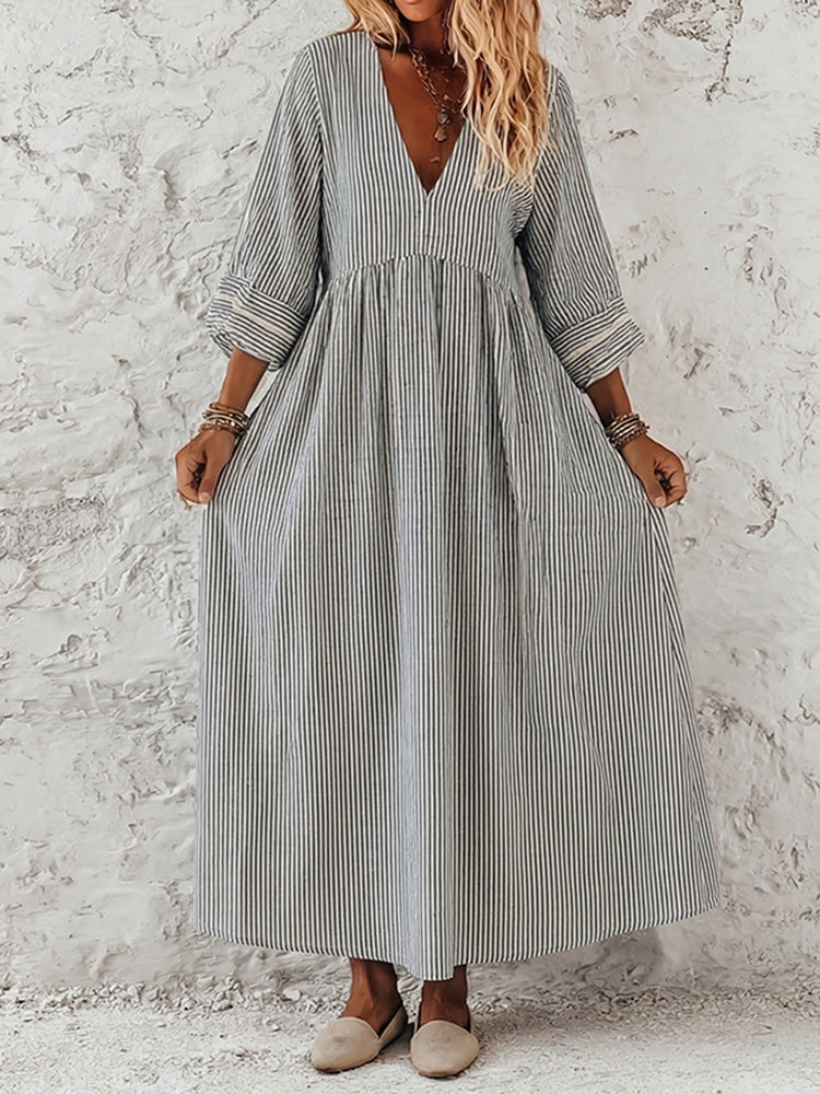 Cardydony Women's Retro Stripes Print Elegant Linen Dress