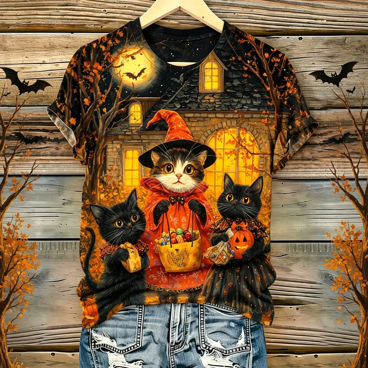 Cardydony Women's Retro Halloween Theme Cat Print Casual T-shirt