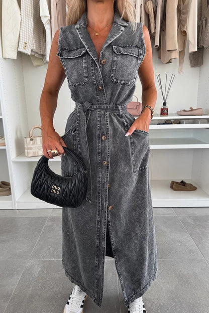 Cardydony Women's Solid Color Sleeveless Single Breasted Waist Tie Casual Pocket Denim Midi Dress