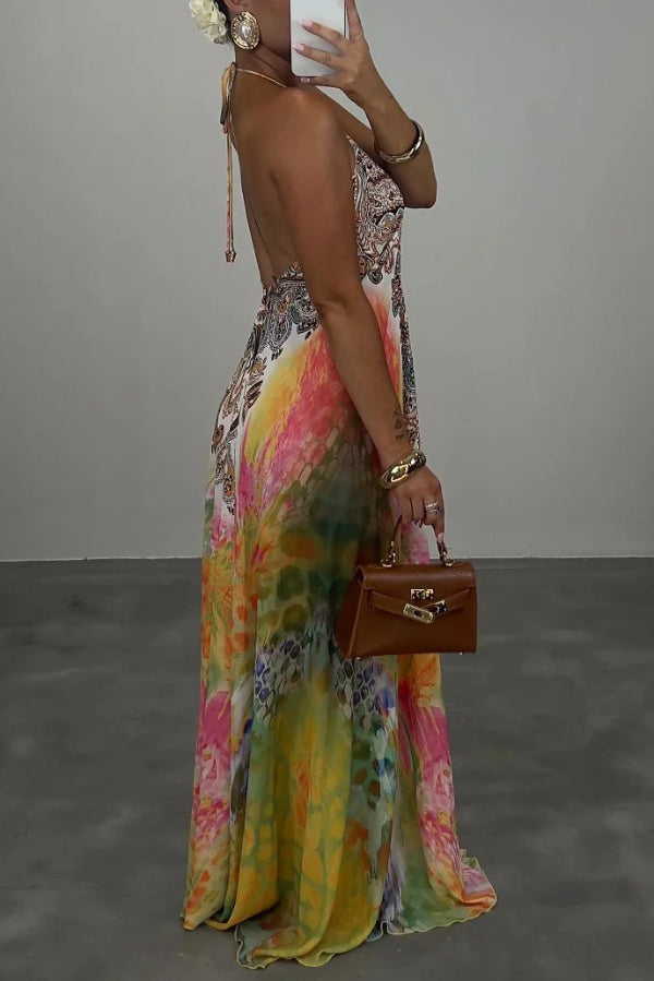 Cardydony Women's  Bohemian Style Unique Print Sleeveless Backless Loose Maxi Dress