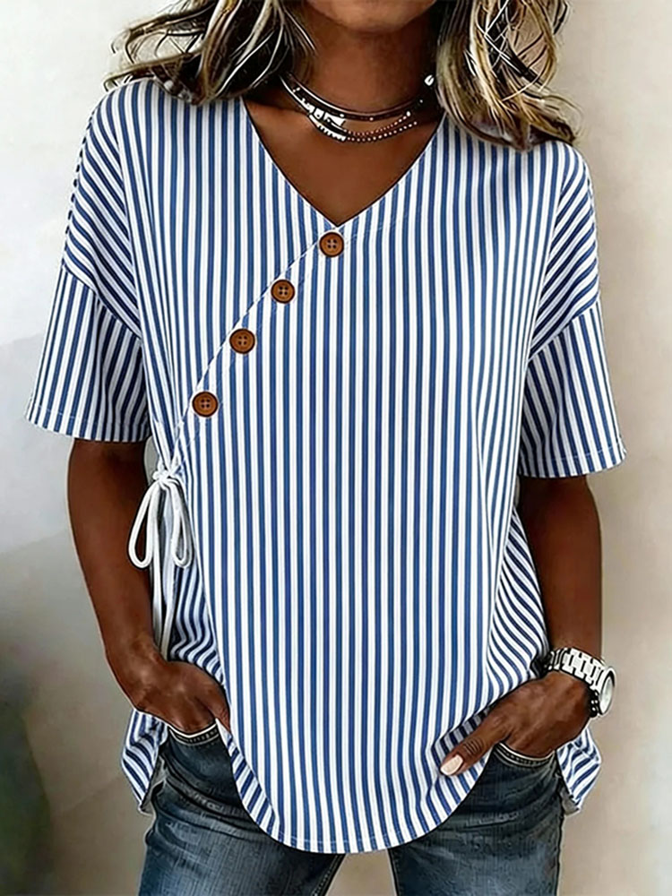 Cardydony Women's Casual Blue White Stripe Wrap Tie Waist Blouse