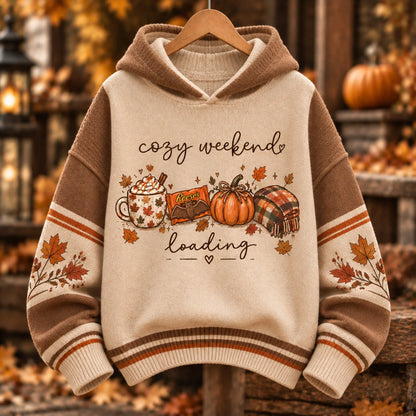Cardydony Women's Pumpkin Maple Leaf Print Fall Color Block Hooded Sweater