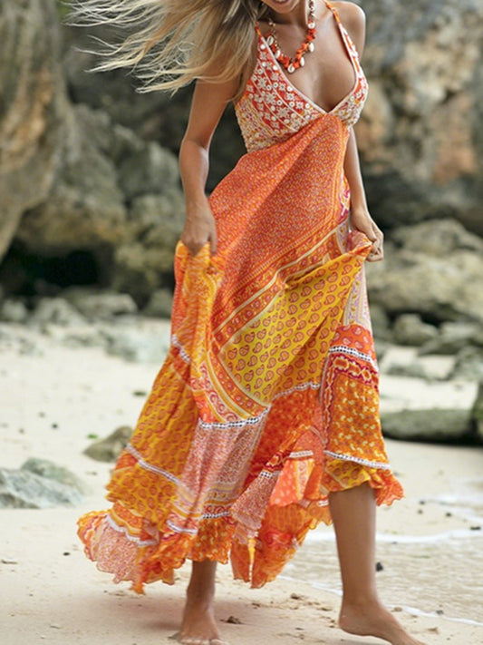 Cardydony Boho Floral With Paisley Patchwork Patterns Maxi Suspender Dress