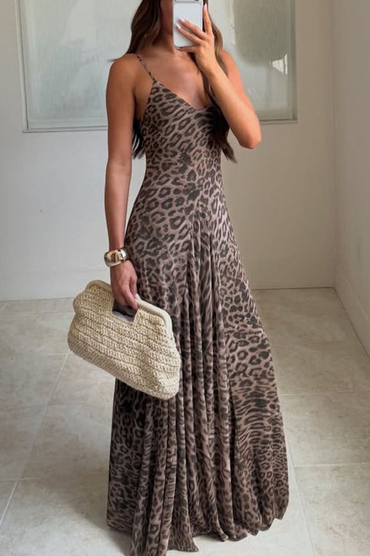 Cardydony Women's Jaycie Tulle Leopard Print V-neck Pleated A-line Hem Slip Maxi Dress
