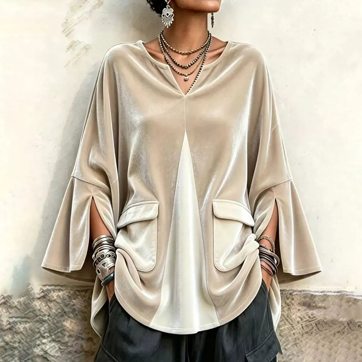 Cardydony Women's Fall Winter Cozy Elegant V-neck Olive Velvet Tunic Top