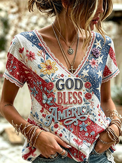 Cardydony Women's Retro American Flag And Floral Print Sequin V-neck Short-sleeve Top