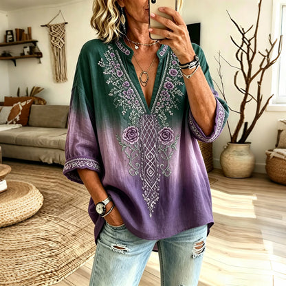 Cardydony Women's Vintage Celtic Knot Floral Art Flowy V-neck Long Sleeve T-shirt