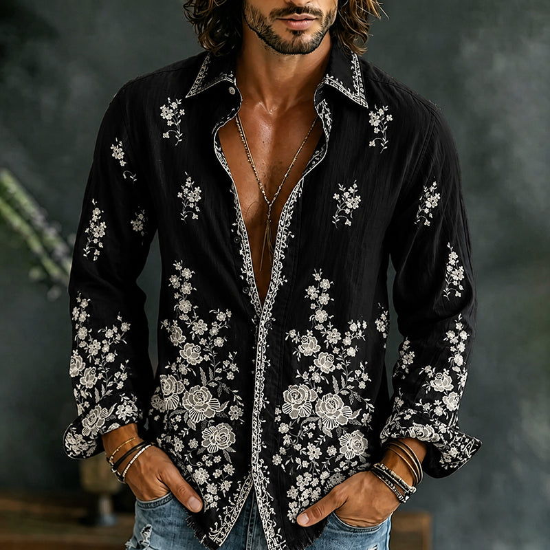 Cardydony Men's Floral Art Casual Cotton Linen Long-sleeved Shirt