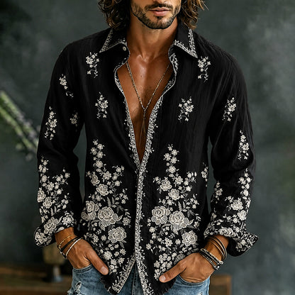 Cardydony Men's Floral Art Casual Cotton Linen Long-sleeved Shirt