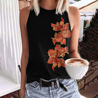 Cardydony Vintage Embroidered Sequin Maple Leaf Pattern Print Art Tank Tops