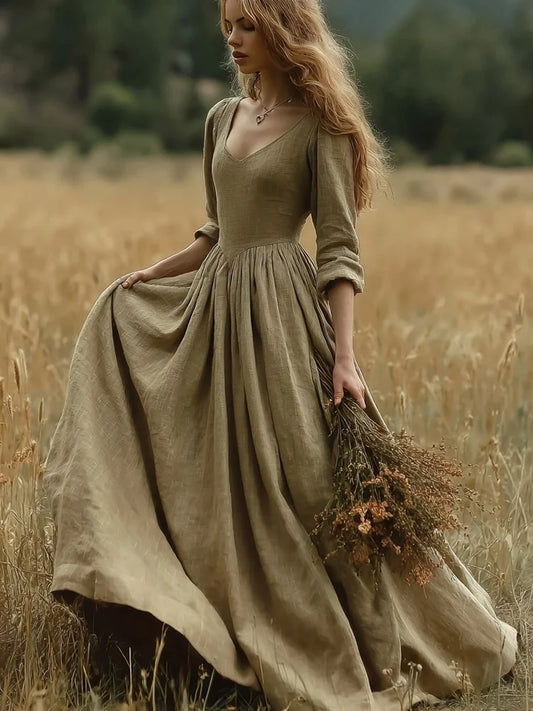 Cardydony Vintage Elegant V Neck Flowy Linen Maxi Dress