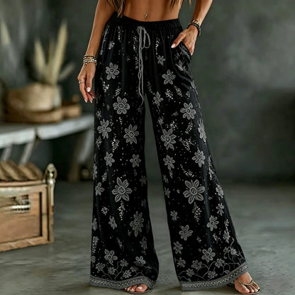 Cardydony Women's White Rose Art Embroidered Linen Blend Pants