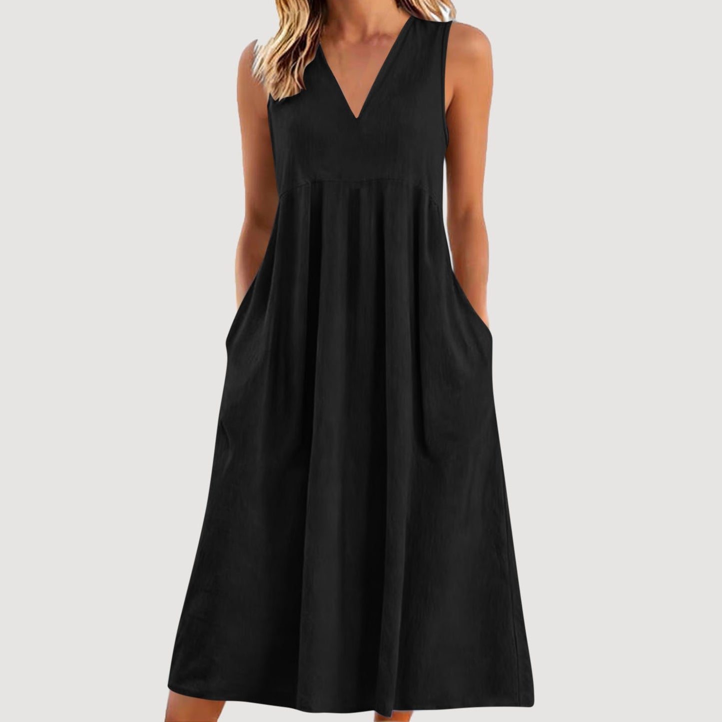 Cardydony Women's Solid Color V-neck Sleeveless Linen Blend Midi Dress