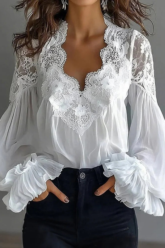 Cardydony Women's Fashionable Patchwork Lace V-neck Puff Sleeve Loose Shirt