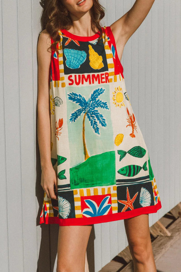 Cardydony Women's Summer-themed Printed Round Neck Sleeveless Pocket Loose Mini Dress