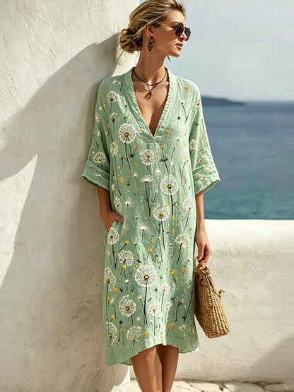 Cardydony Floral Pattern Design Women's Casual Linen Dress