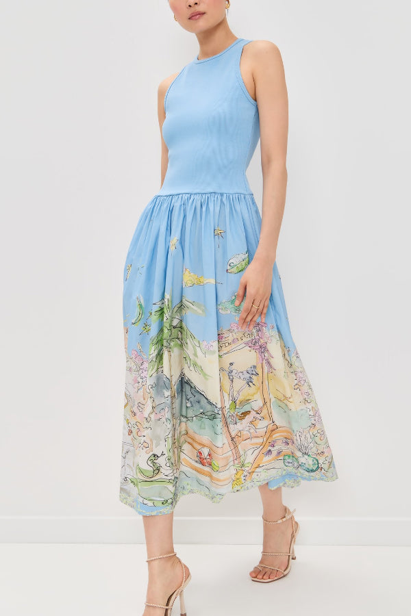 Cardydony Women's Ink Wash Print Round Neck Sleeveless Resort-style Midi Dress