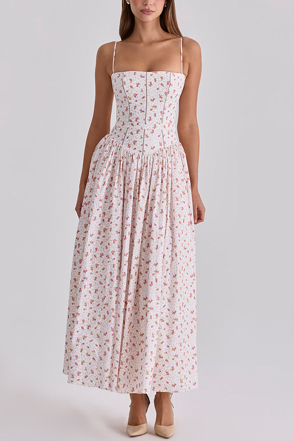 Cardydony Women's Romantic Countryside Stretch Cotton Blend Floral Print Cutout Trim Slip Midi Dress