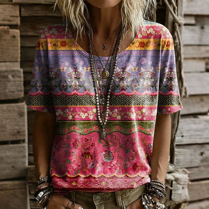 Cardydony Women's Vintage Tribal Pattern Print Short Sleeved T-shirt