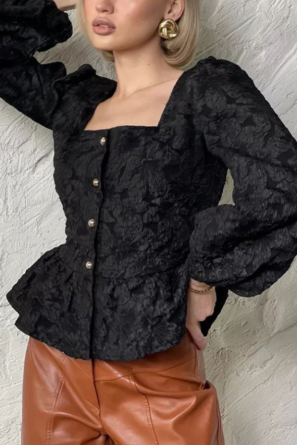 Cardydony Women's  Solid Color Jacquard Square Neck Puff Sleeve Elegant Button Top